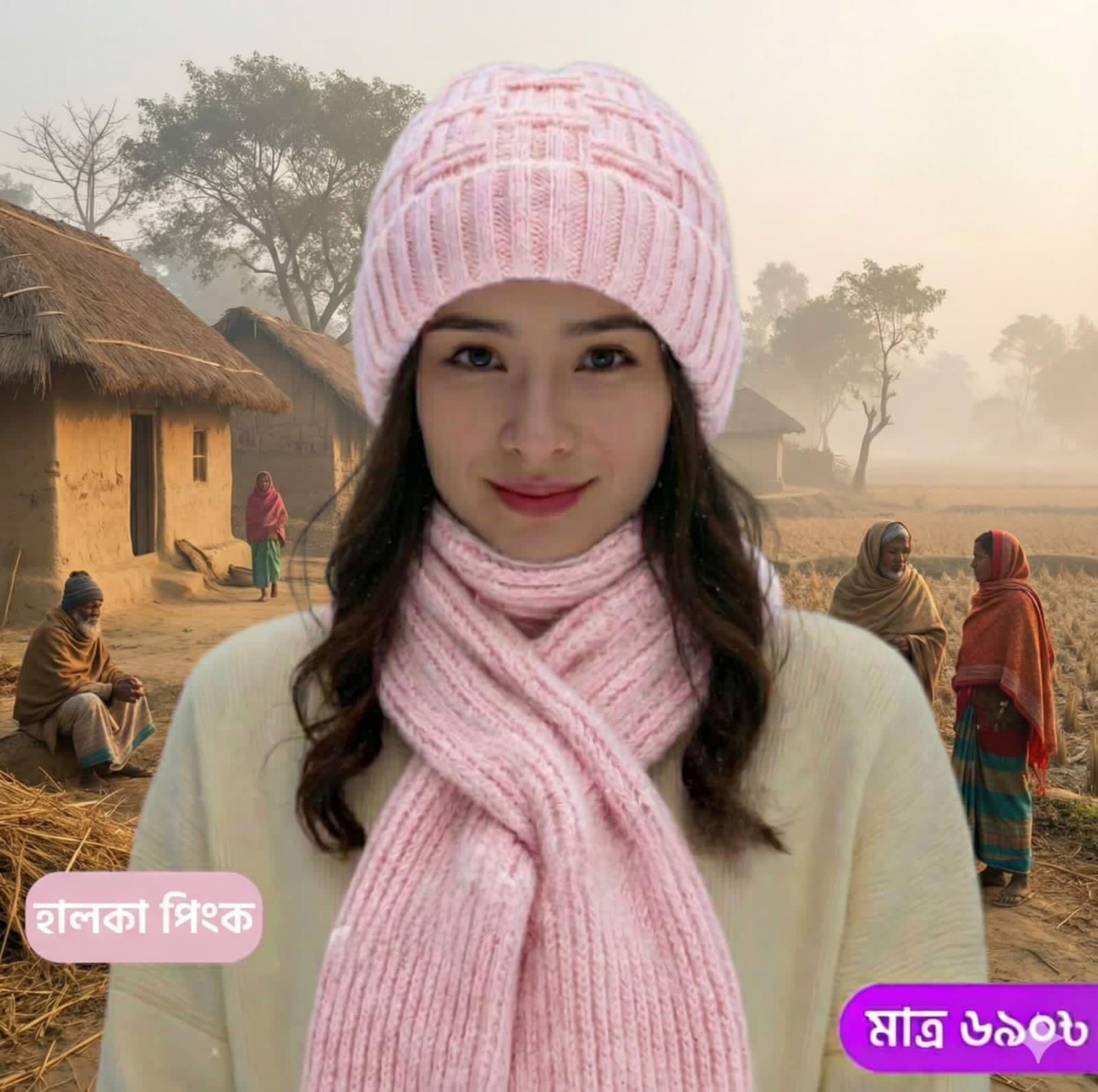 Windproof Cap with Scarf( Light pink)