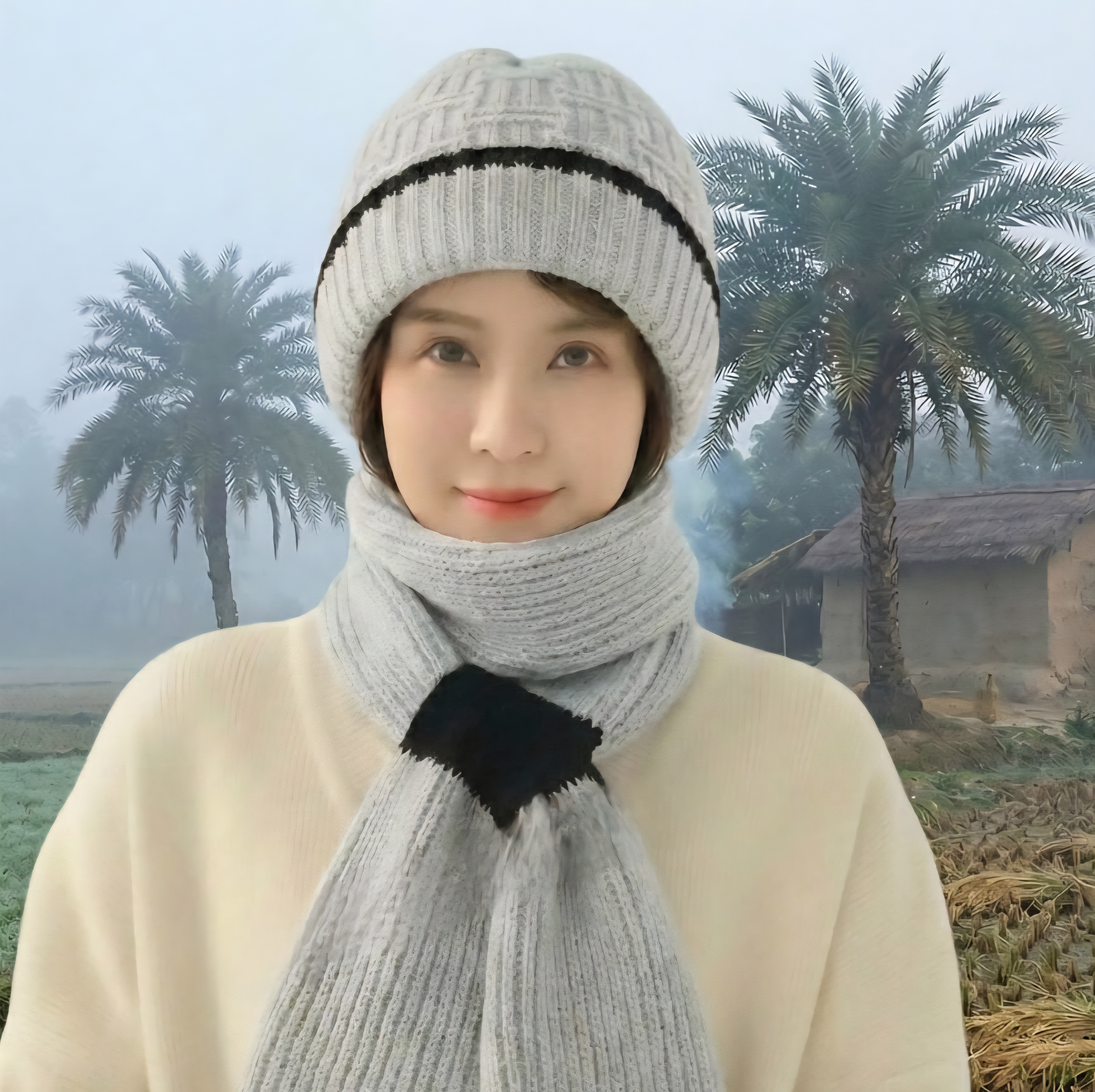 Windproof Cap With Scarf (Grey & Black)